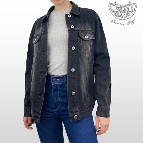 Love Tree / Jean Jacket Decor on the Back/ Black Grey / Size S - Picture 4 of 8